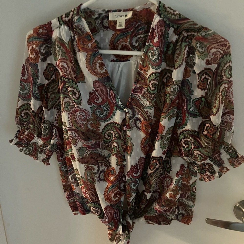 Torrid Brown and Orange Puff Sleeve Blouse with Tie Front